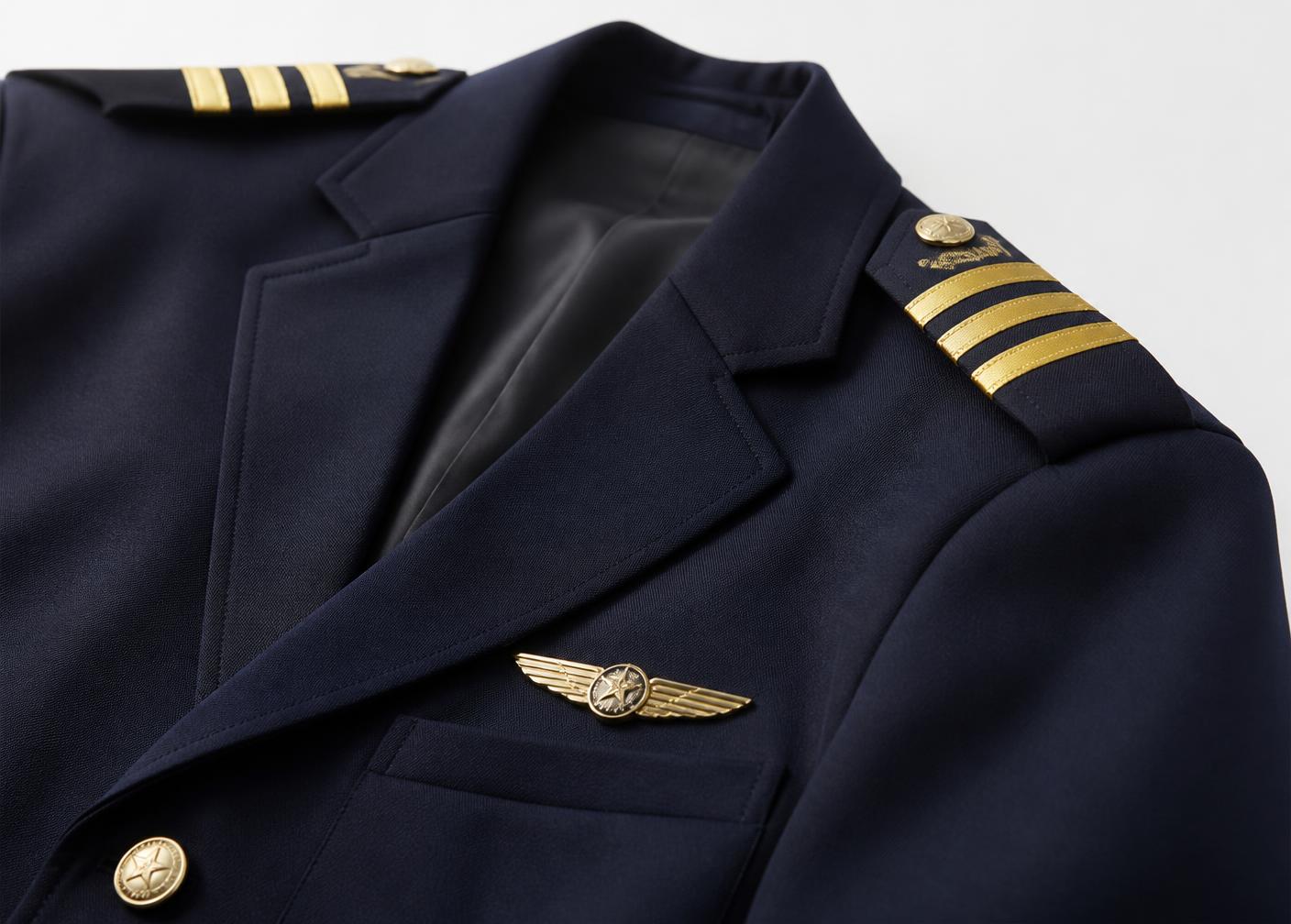 Detail of a navy pilot jacket with gold epaulettes and brass buttons